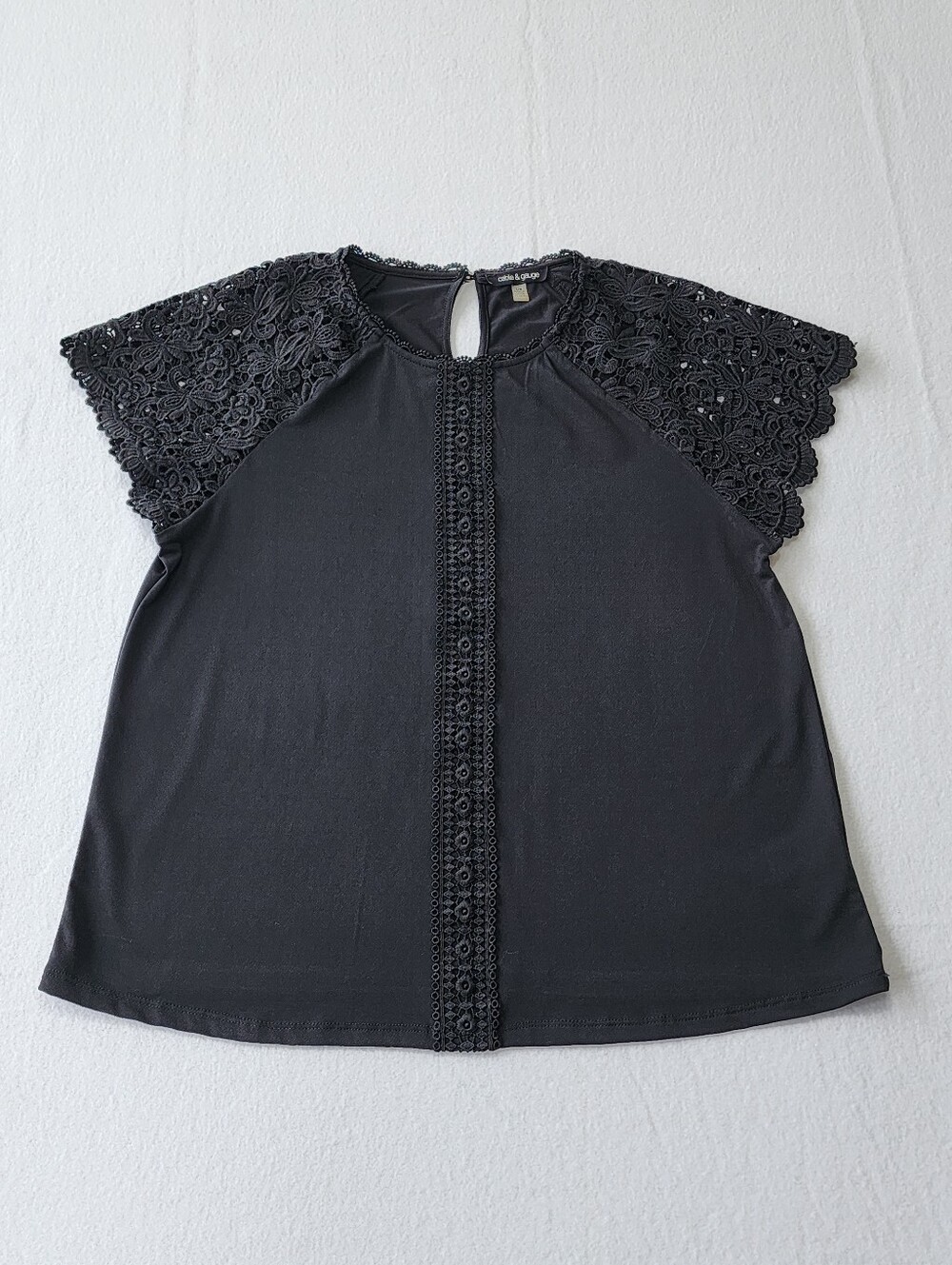 Cable & Gauge Black Lace Sleeve Blouse Top Women’s Large Boho Crochet